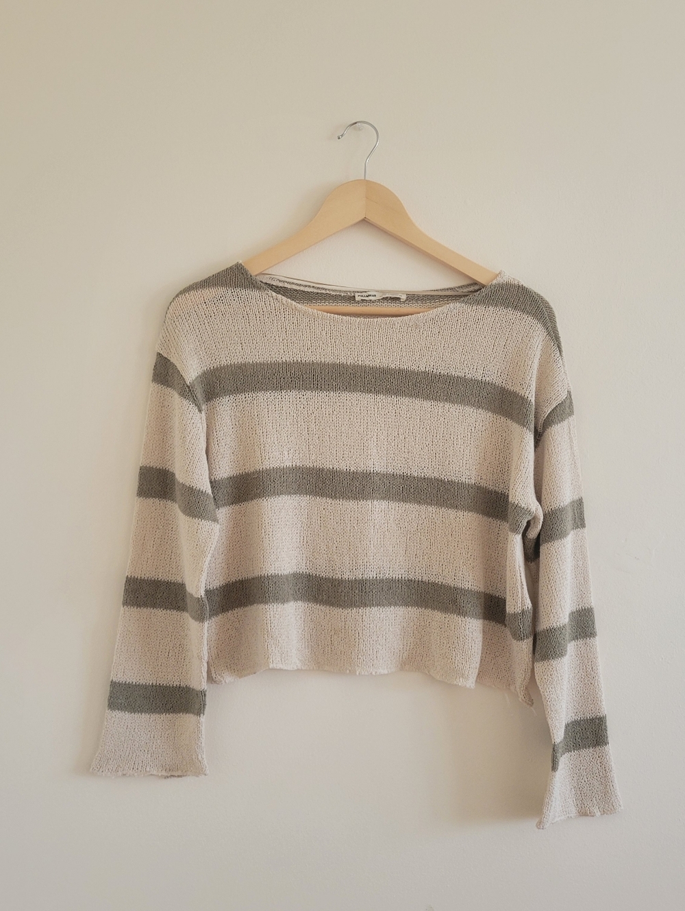 PULL&BEAR Natural Green and Oat Cropped Knit Sweater